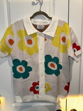 OXKNITSTORE Floral Knit Polo Cardigan Medium Retro 60s 70s Style New With Tags